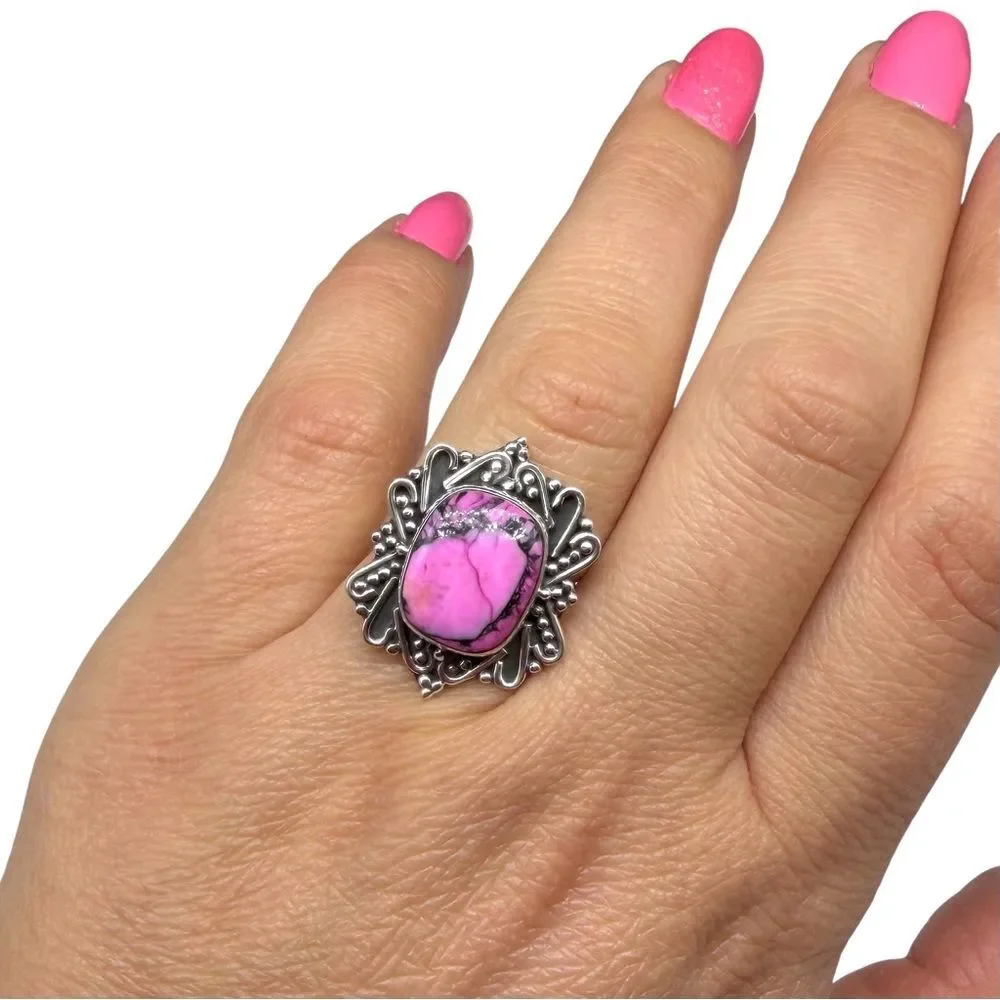 Kingman Cherry Blossom Turquoise Ring Solid 925 Sterling Silver Size 6